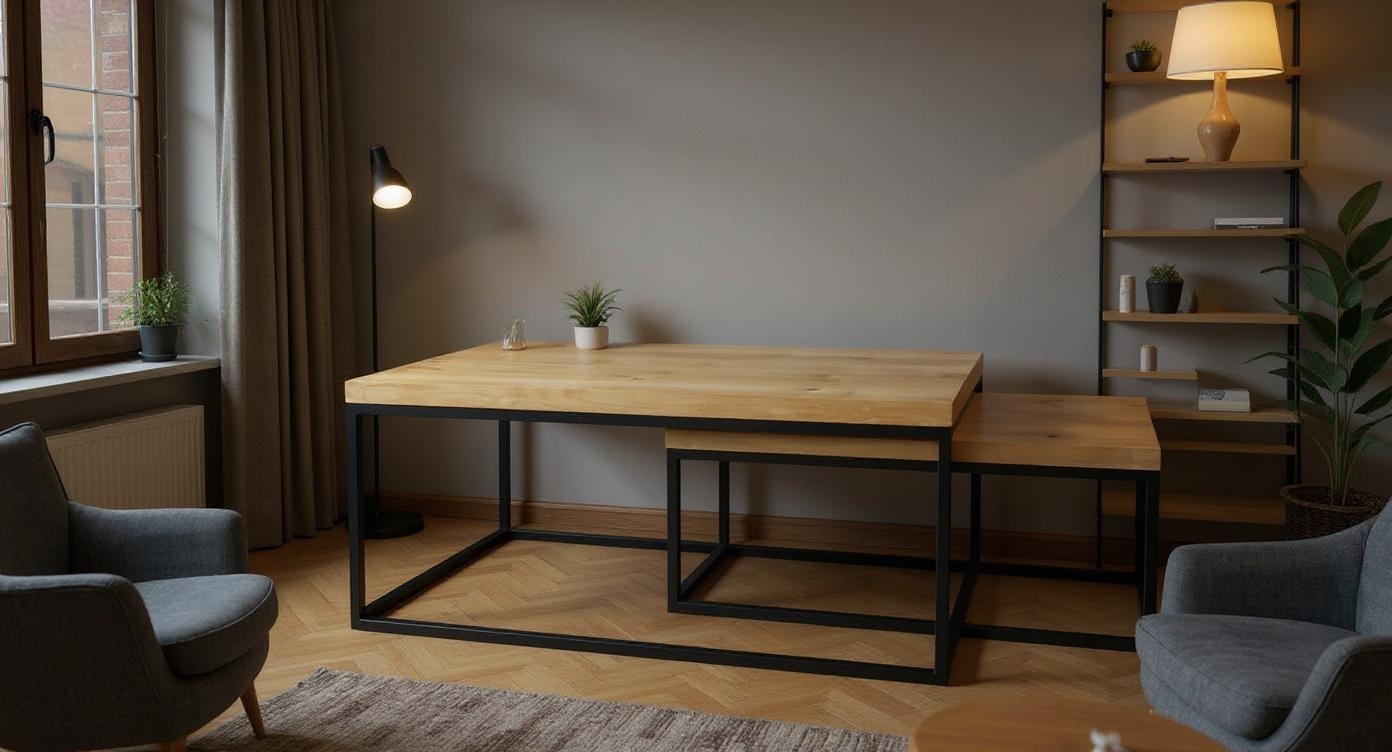 Industrielles Couchtisch-Set aus Eichenholz & Stahl