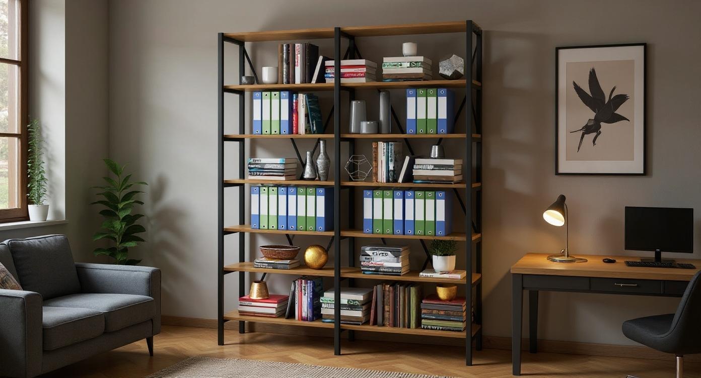 Industrielles Regal aus Stahl und Eichenholz mit variabler Breite