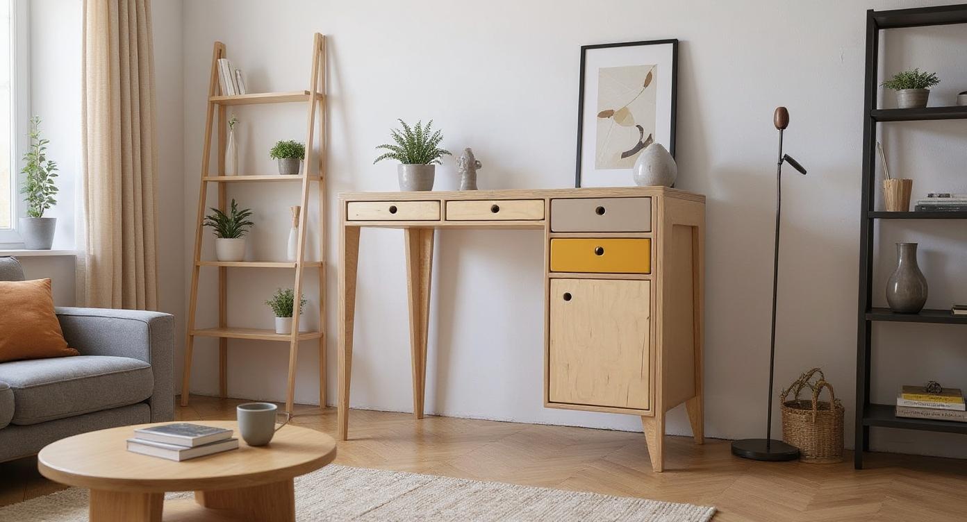 Modischer Skandi-Schreibtisch mit asymmetrischem Design und großzügigem Stauraum