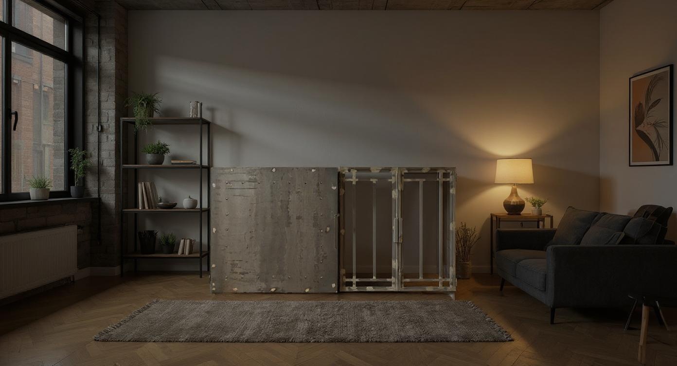 Robuste Industrie-Kommode aus Stahl und Glas mit Vintage-Charme