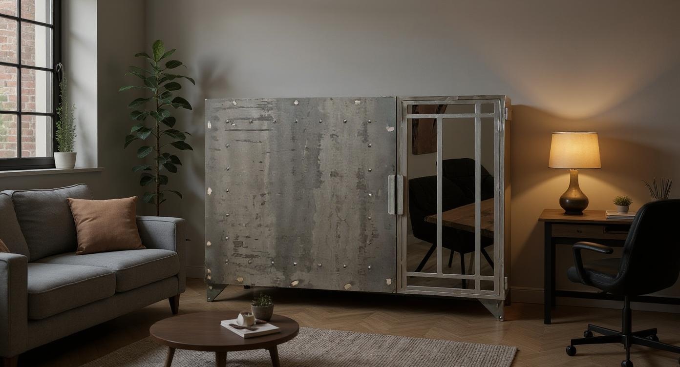 Robuste Industrielle Kommode aus Stahl und Glas