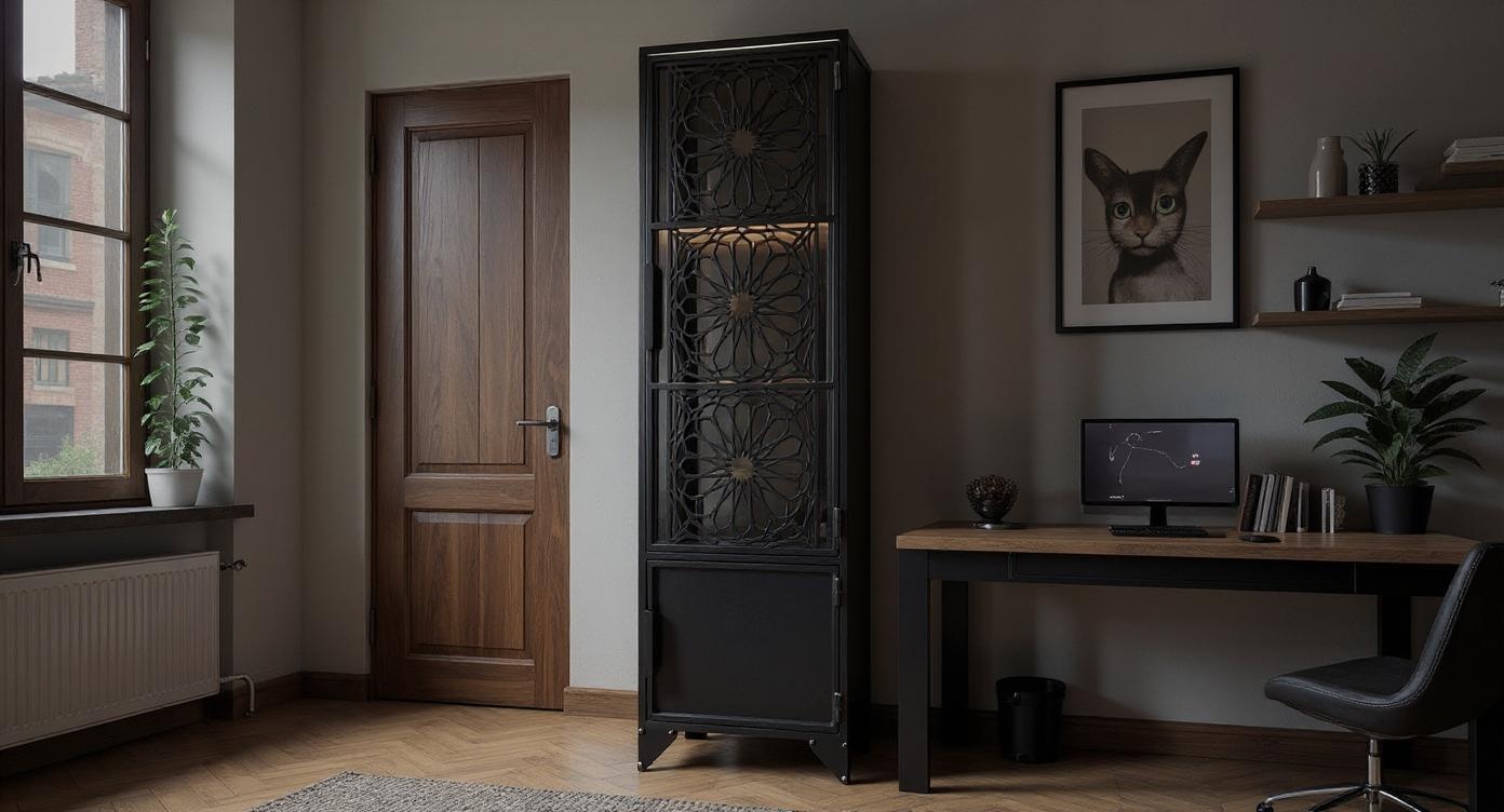 Moderner Vitrinenschrank aus Stahl, Glas und Holz im Loft-Design