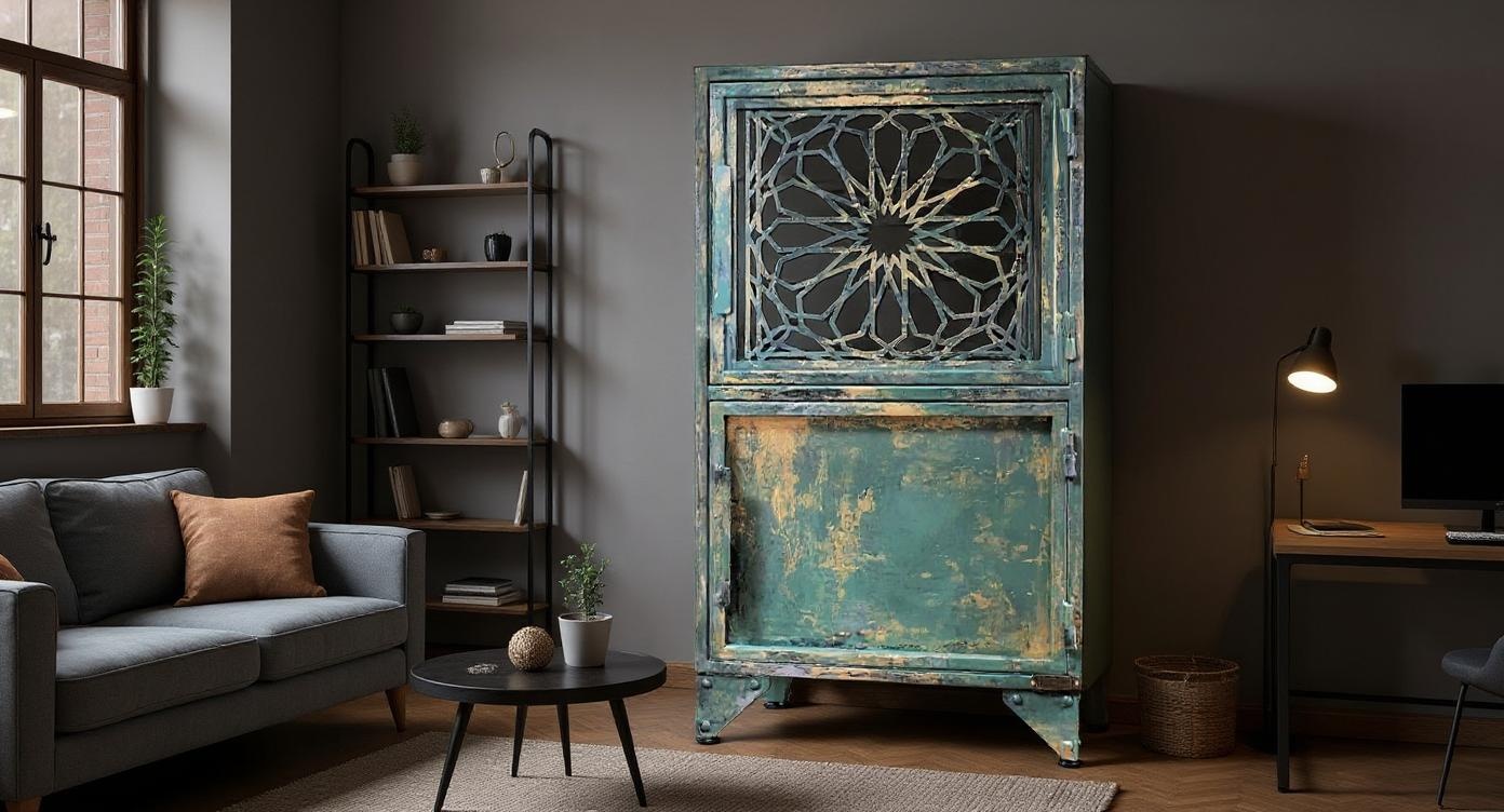 Elegante Loft-Kommode aus Stahl, Glas und Holz mit innovativem Patina-Gold-Finish
