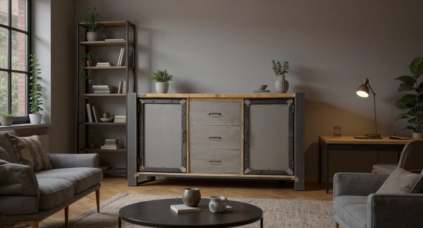 Industrielle Massivholz-Kommode mit robustem Stahlrahmen