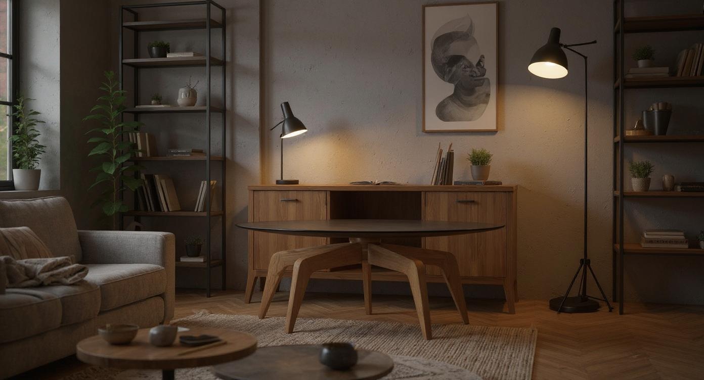 Futuristischer, erweiterbarer Couchtisch aus Schwarz-Natur mit natürlichem Chic