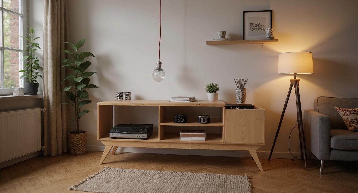 Skandinavisches Vinyl-Regal mit asymmetrischem Design für stilvollen Musikequipment-Display