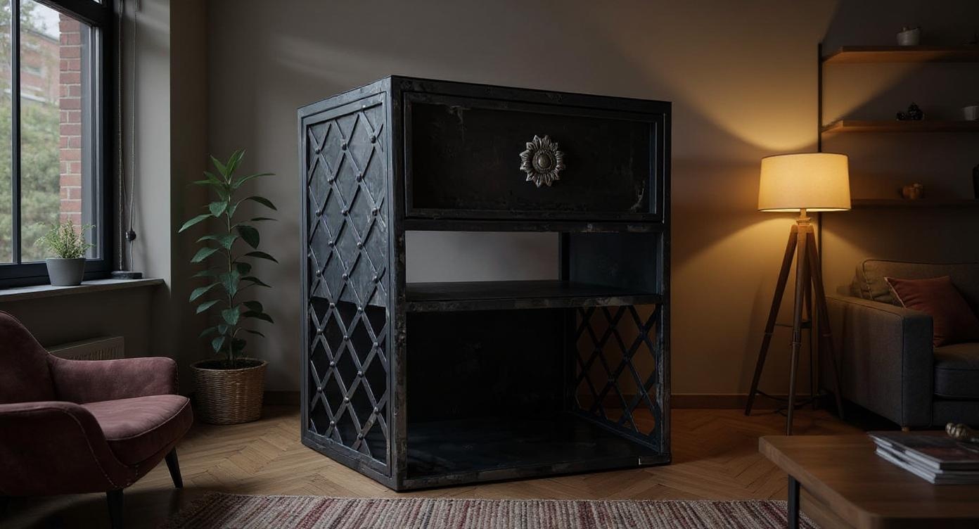Nostalgische Jugendstil-Kommode aus Stahl mit filigranen Blumenverzierungen