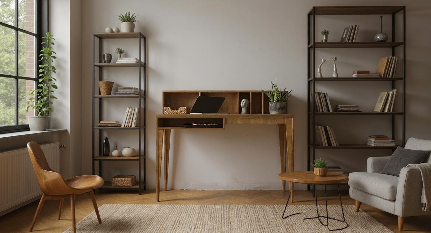 Moderner Skandinavischer Schreibtisch mit asymmetrischem Design und viel Stauraum