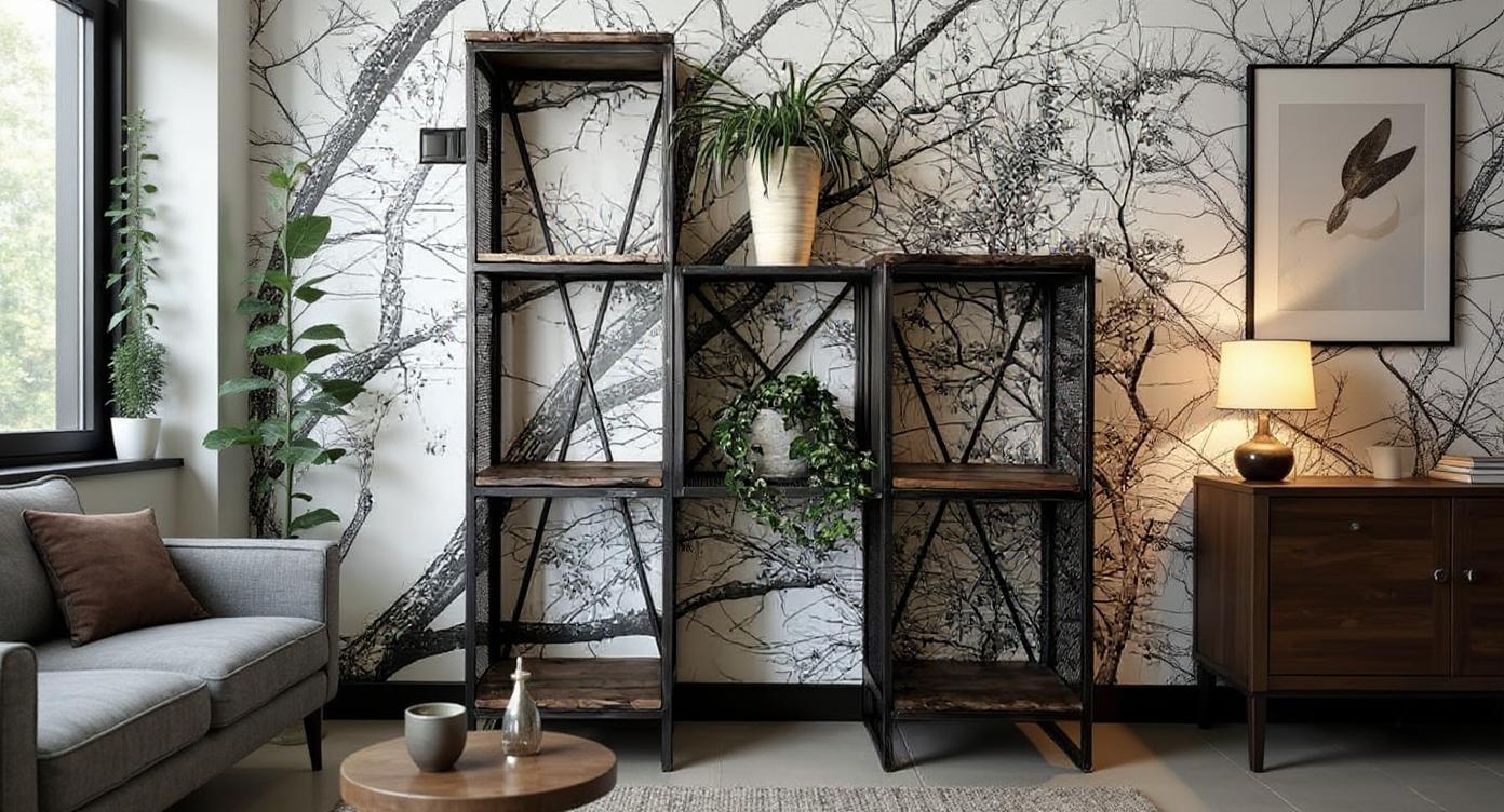 Industrielles Eichenholz- und Stahlregal mit Streckmetall-Optik für Loft-Designs