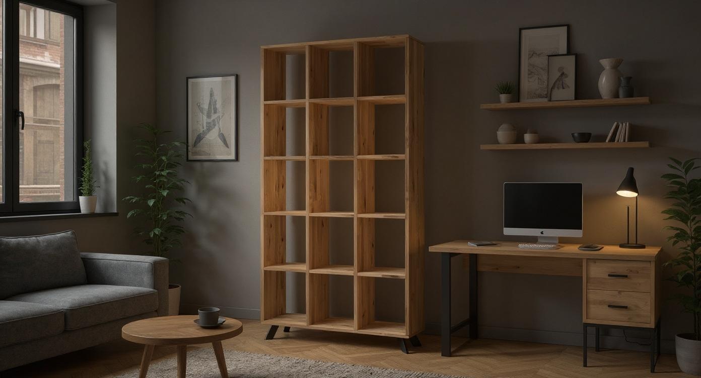 Robustes Eichenholzregal im Industriestil für Bücher und Akten