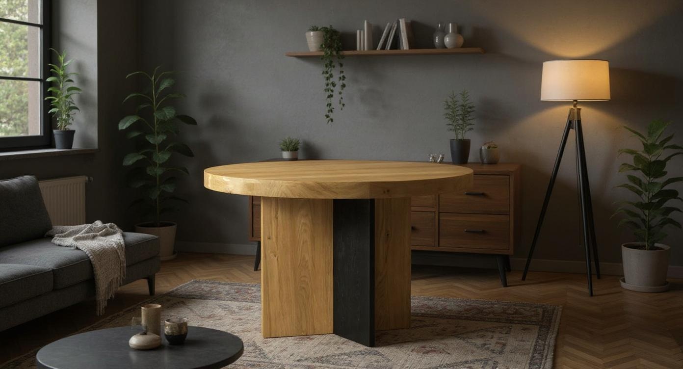 Runder Eichenholz-Tisch mit vielseitigen Designoptionen