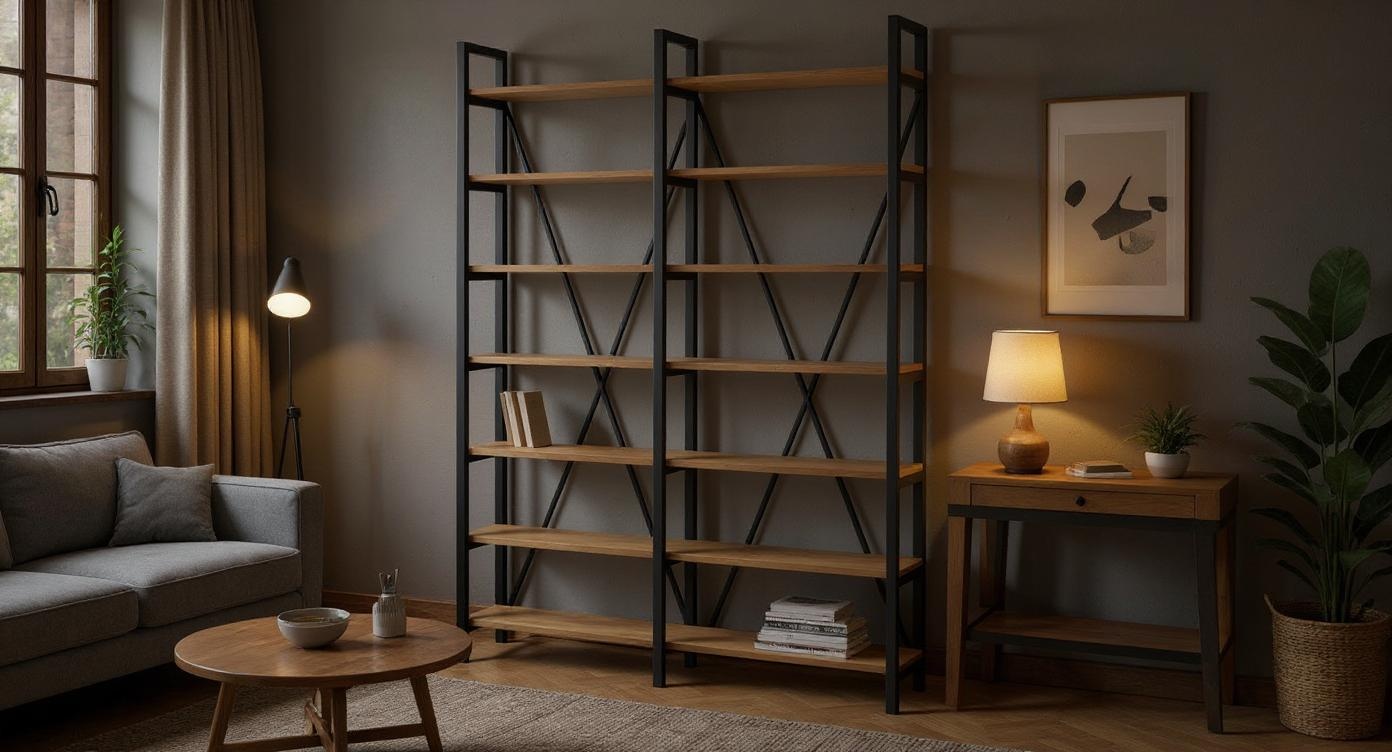 Industrielles DIY-Bücherregal aus Stahl und Eichenholz, vielseitig und robust