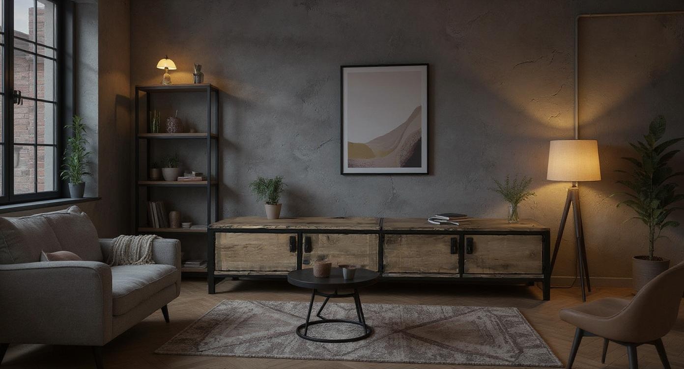 Robustes Eichenholz- und Stahl-Lowboard für moderne Loft- und Industrial-Interieurs
