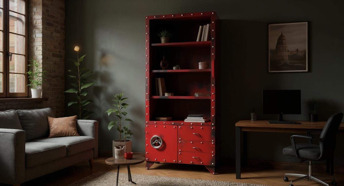 Schmale Industrial Stahl-Glas-Vitrine mit künstlerischer Lackierung