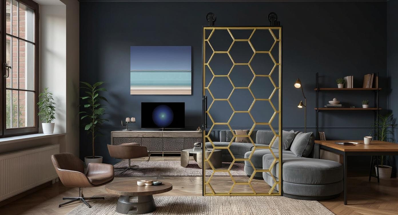 Moderne Loft-Schiebetür mit wabenförmigem Stahl-Glas-Design