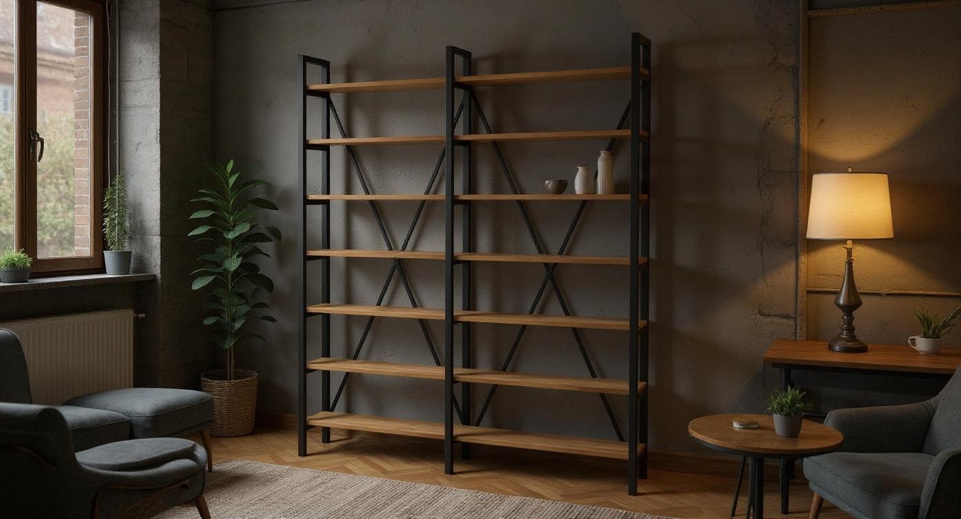 Industrielles Bücherregal aus Stahl und Eichenholz mit flexiblem Stecksystem
