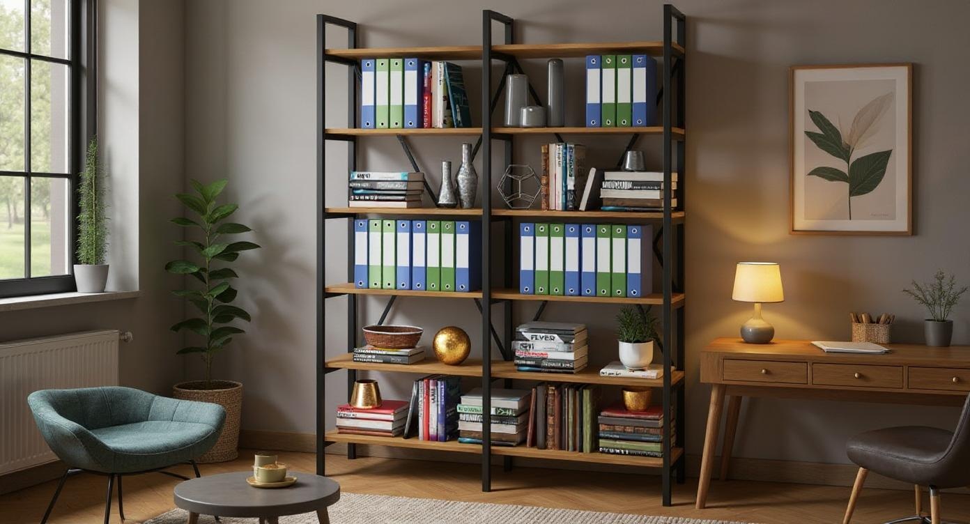 Industrielles Büro- und Wohnregal aus Stahl und Eichenholz