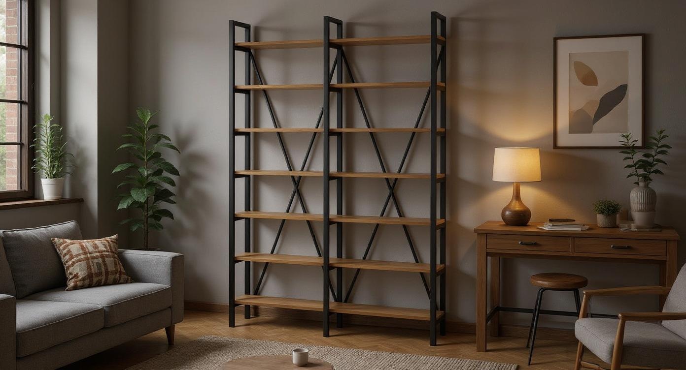 Industrielles Bücherregal aus Stahl und Eichenholz mit robustem Design